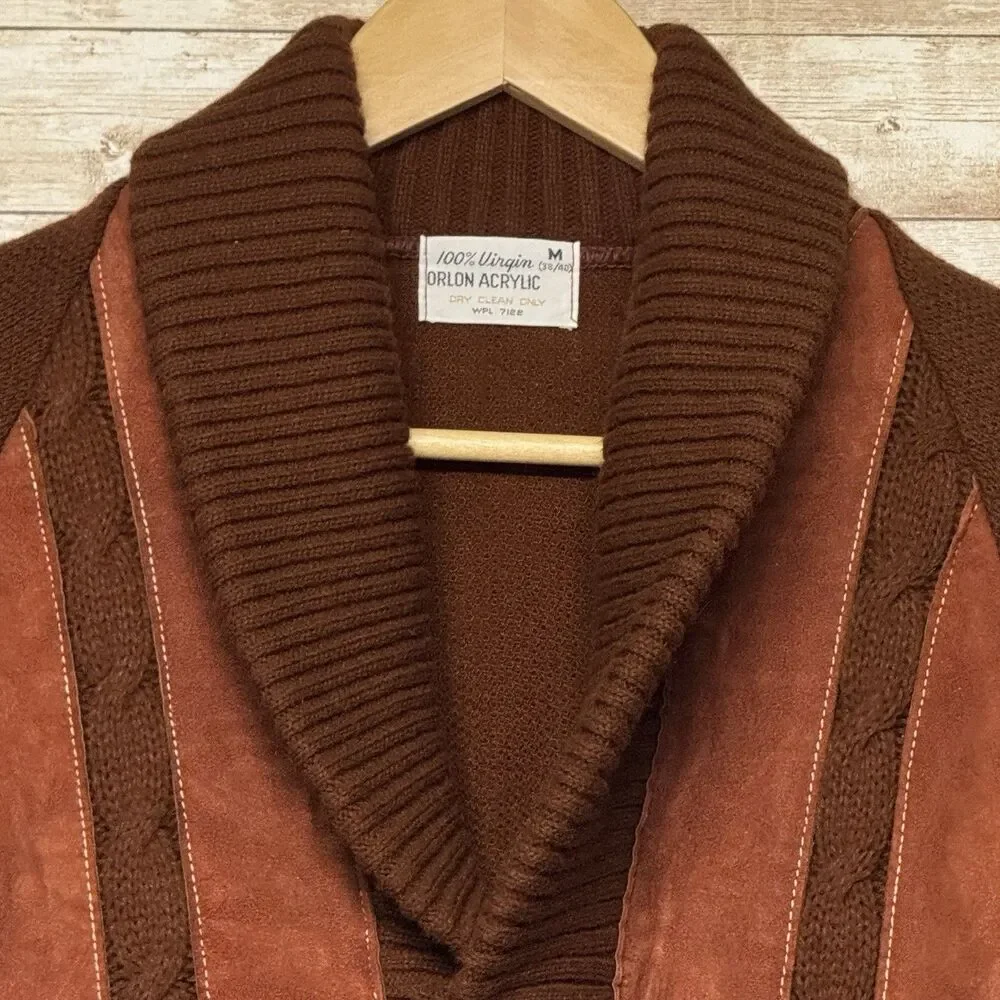 1970s Vintage Brown w Red Suede Front Shawl Cardigan RETRO M Old Grandpa Hipster